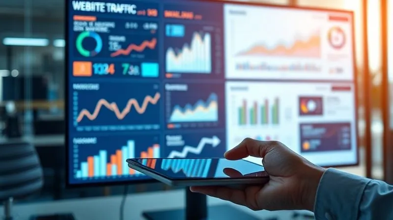 photorealistic, professional photography, 8K, cinematic lighting, sharp focus, depth of field, shot on a high-end DSLR. A vibrant, modern digital marketing dashboard displayed on multiple screens in a professional office. The screens show analytics for website traffic, social media engagement, and email campaign performance, with charts and graphs indicating growth. A hand is hovering over a tablet, suggesting active management. The scene conveys dynamic growth and strategic online presence.