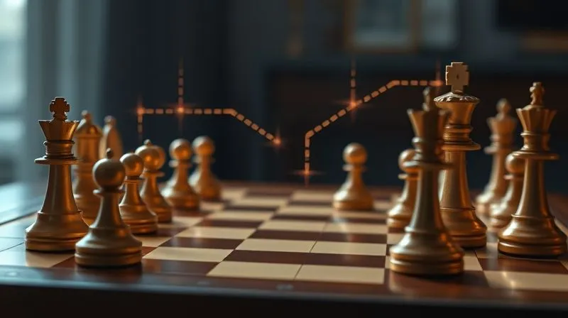 A photorealistic image of a complex chessboard with multiple possible future moves highlighted by subtle glowing lines, representing strategic scenario planning. The pieces are arranged to show various potential outcomes. Professional photography, 8K, cinematic lighting, sharp focus on the board, depth of field, shot on a high-end DSLR.