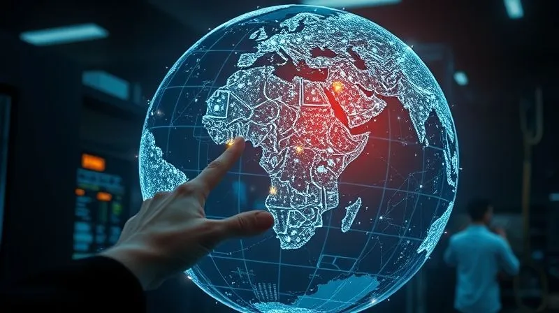 A photorealistic image of a holographic 3D globe covered with intricate data points and glowing lines representing economic flows, being analyzed by a human hand interacting with a transparent touchscreen. The setting is a modern, dimly lit data center. Professional photography, 8K, cinematic lighting, sharp focus on the globe and hand, depth of field, shot on a high-end DSLR.