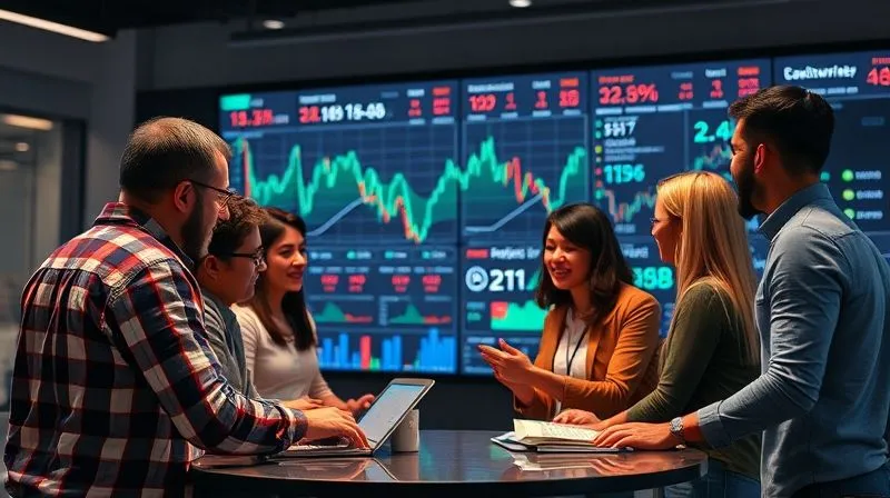 A photorealistic image of a diverse, cross-functional team collaborating intensely around a large digital display showing dynamic financial charts and global market data. They are engaged in animated discussion, symbolizing collaborative intelligence and agile decision-making. Professional photography, 8K, cinematic lighting, sharp focus on the team and display, depth of field, shot on a high-end DSLR.