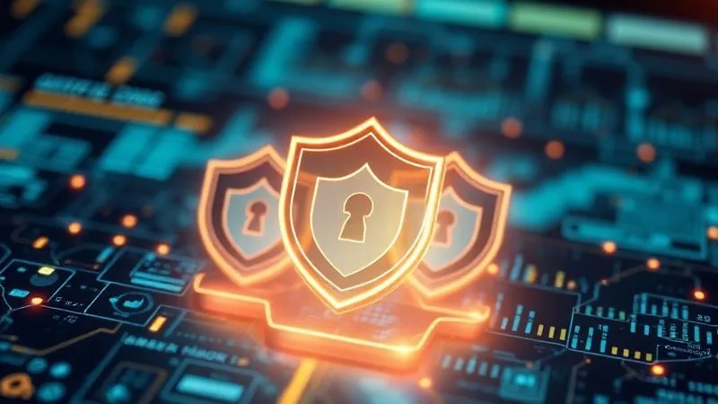 A photorealistic image depicting multiple layers of digital security, represented by glowing hexagonal shields overlapping a financial transaction interface. Professional photography, 8K, cinematic lighting, sharp focus on the central shields, depth of field blurring the background, shot on a high-end DSLR.