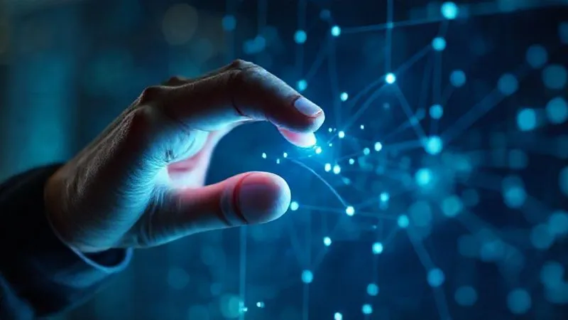 A photorealistic close-up of a human hand interacting with a holographic interface displaying abstract data points and network lines, symbolizing behavioral biometrics and AI-powered anomaly detection in online banking. The interface glows with subtle blue and green tones, cinematic lighting, 8K, sharp focus, depth of field, shot on a high-end DSLR.