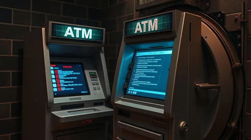 A photorealistic, professional photography, 8K, cinematic lighting, sharp focus, depth of field, shot on a high-end DSLR, showing a digital representation of a cyber attack targeting an old ATM machine, with malicious code flowing into the system, contrasting with a bank vault in the background symbolizing financial assets at risk. The mood is urgent and precarious.