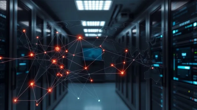 A photorealistic, professional photography, 8K, cinematic lighting, sharp focus, depth of field, shot on a high-end DSLR, showing a complex network diagram overlaid on a secure bank server room, with distinct, glowing lines illustrating segmented network zones protecting individual ATM icons. The mood is analytical and secure.