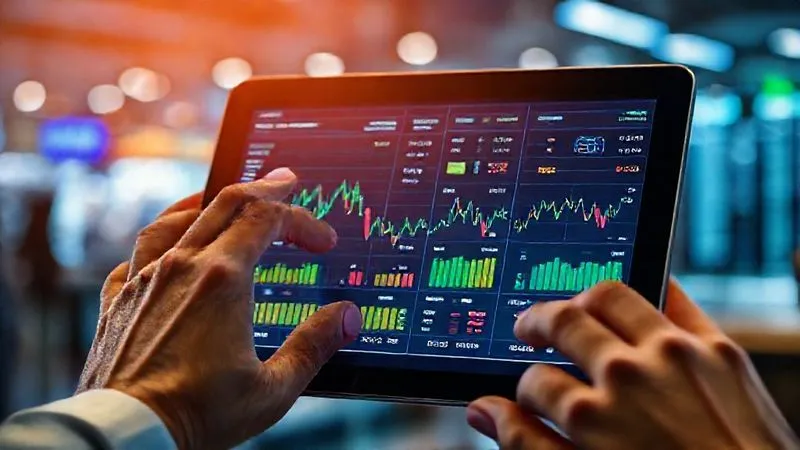 A photorealistic image of a vibrant digital marketplace interface on a tablet, showing real-time trading of P2P loan parts with dynamic price charts and active buy/sell orders. Hands are interacting with the screen, conveying efficiency and control. Cinematic lighting, sharp focus on the screen, depth of field, 8K, professional photography, shot on a high-end DSLR.