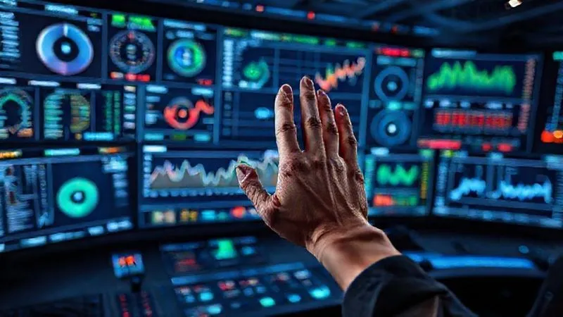 A photorealistic image of a futuristic control center dashboard, displaying complex financial data visualizations, real-time analytics, and predictive models on multiple holographic screens. A human hand gestures confidently towards a stable graph, symbolizing effective risk management. Cinematic lighting, sharp focus on the central data, depth of field, 8K, professional photography, shot on a high-end DSLR.