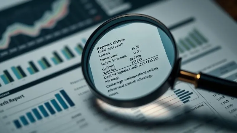 A photorealistic, professional photography, 8K, cinematic lighting image of a magnifying glass hovering over a complex business credit report, highlighting discrepancies in payment history and credit utilization. The background shows blurred financial charts and graphs. Sharp focus on the report details, depth of field blurring the background. Shot on a high-end DSLR.