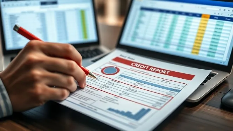 A photorealistic, professional photography, 8K, cinematic lighting image of a person meticulously reviewing a printed business credit report, using a red pen to circle errors and discrepancies. A laptop in the background shows a spreadsheet for tracking. Sharp focus on the report and pen, depth of field blurring the background. Shot on a high-end DSLR.