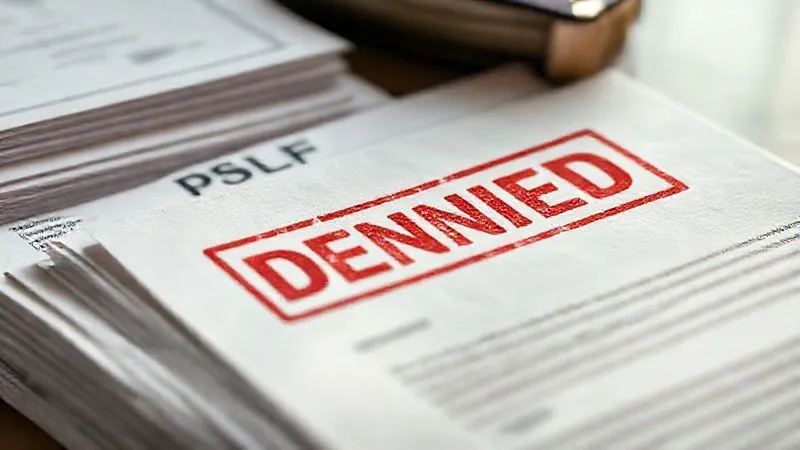 A close-up, photorealistic image of a stack of official-looking student loan documents and a PSLF denial letter, with a red "DENIED" stamp clearly visible, illuminated by soft, natural light, sharp focus on the letter, depth of field blurring other documents, 8K hyper-detailed.