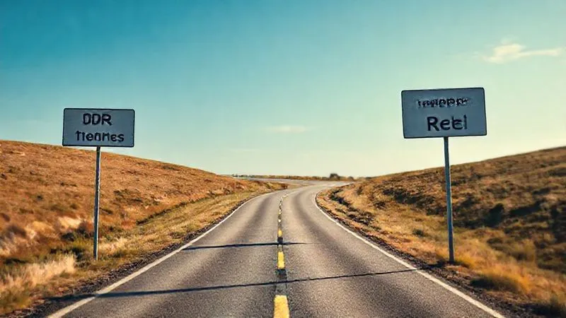 A photorealistic, professional photography image showing a fork in a winding road, with multiple clear signs pointing to different financial pathways: 'IDR Plans', 'State Programs', 'Private Refi', under a clear sky. Cinematic lighting, sharp focus on the signs, depth of field blurring the distant road, 8K hyper-detailed.