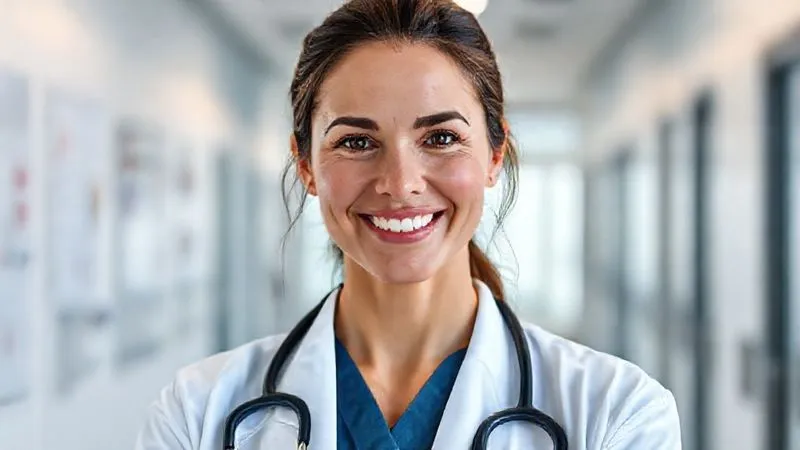 A photorealistic, professional photography image of a female doctor, mid-30s, smiling genuinely and confidently, looking directly at the camera. She's wearing professional attire, perhaps a lab coat over scrubs, in a bright, modern medical office setting. Cinematic lighting, sharp focus on her face, depth of field creating a soft background, 8K hyper-detailed.