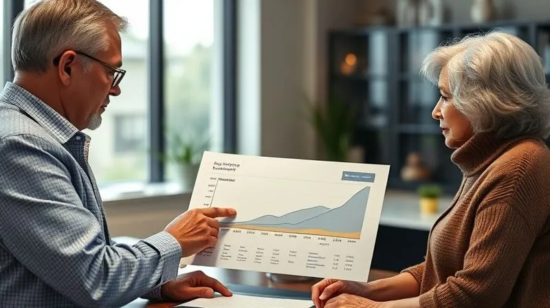 photorealistic, professional photography, 8K, cinematic lighting, sharp focus, depth of field, shot on a high-end DSLR. A thoughtful financial advisor, mid-50s, empathetically explaining a complex financial chart to a senior couple. The advisor points to a projected recovery curve, offering reassurance and clear strategy. The office is modern and professional, reflecting trust and expertise.