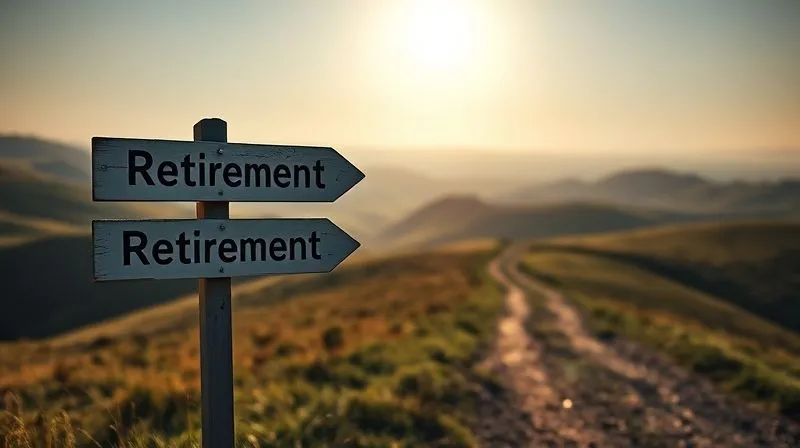 photorealistic, professional photography, 8K, cinematic lighting, sharp focus, depth of field, shot on a high-end DSLR. A serene landscape with rolling hills and a winding path leading to a distant, sunlit horizon. The foreground shows a slightly weathered but sturdy signpost pointing towards 'Retirement', with a subtle, resilient glow. The mood is hopeful and enduring, symbolizing the long-term journey of financial planning.