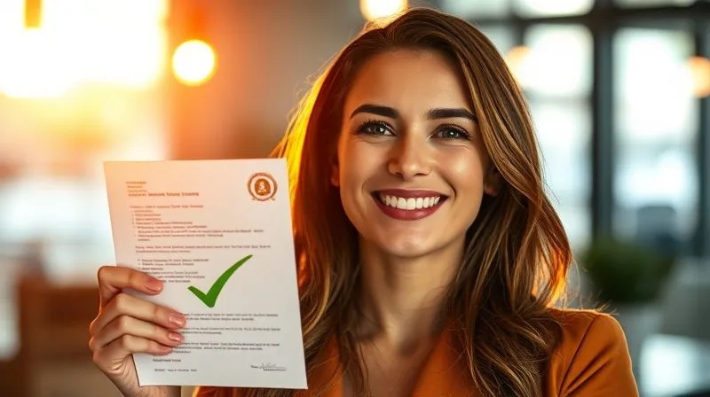 A photorealistic image of a small business owner, looking relieved, holding up a document with a green checkmark, a soft golden light illuminating her face, suggesting a successful outcome, professional photography, 8K, cinematic lighting, sharp focus, depth of field, shot on a high-end DSLR.