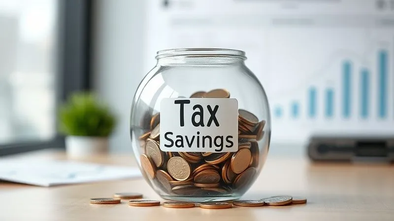 A photorealistic image of a secure, transparent glass piggy bank filled with coins, labeled 'Tax Savings', sitting on a clean, modern desk with a blurred background of financial charts, symbolizing proactive financial planning and security, professional photography, 8K, cinematic lighting, sharp focus, depth of field, shot on a high-end DSLR.