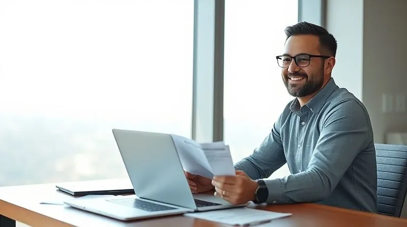 A photorealistic image of a small business owner, smiling confidently, looking out a window at a bright, clear horizon, with organized tax documents and a laptop on their desk in the foreground, symbolizing clarity, control, and a positive future after resolving financial challenges, professional photography, 8K, cinematic lighting, sharp focus, depth of field, shot on a high-end DSLR.