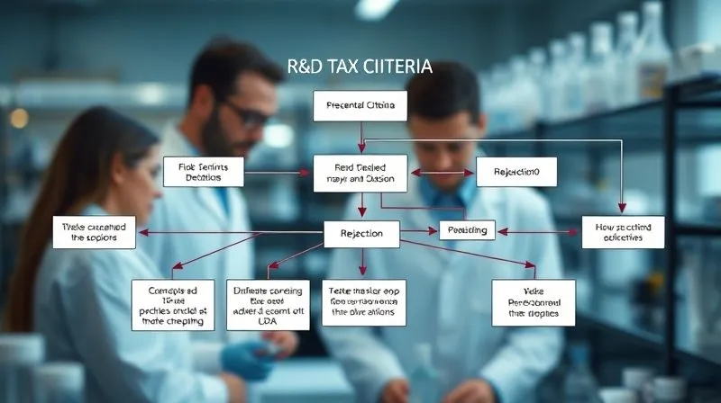 photorealistic, professional photography, 8K, cinematic lighting, sharp focus, depth of field, shot on a high-end DSLR. A detailed flowchart illustrating the complex R&D tax credit eligibility criteria, with arrows pointing to potential 'rejection' points, set against a blurred background of scientists in a lab. The flowchart is clear and easy to read, emphasizing decision paths.