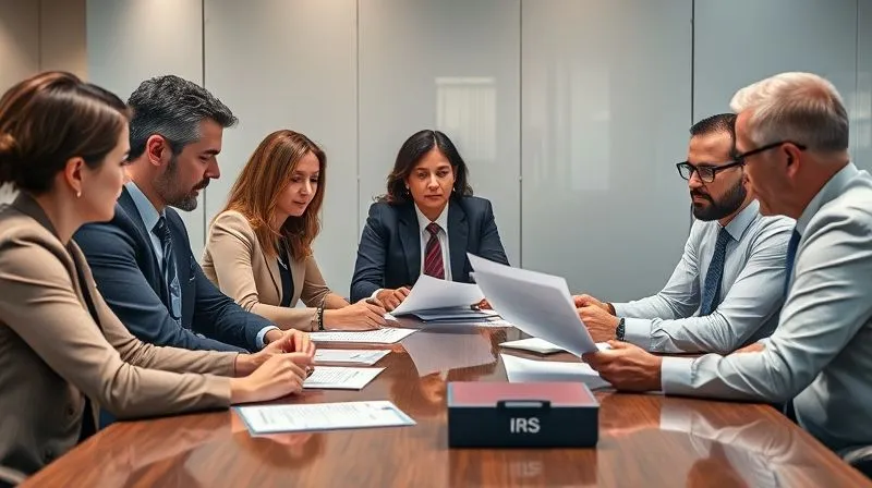 photorealistic, professional photography, 8K, cinematic lighting, sharp focus, depth of field, shot on a high-end DSLR. A professional, diverse group of business executives and a tax attorney in a modern conference room, intently discussing documents with an IRS official (represented by a discreet, official-looking folder or badge on the table). The mood is serious but collaborative, with a focus on negotiation and resolution.