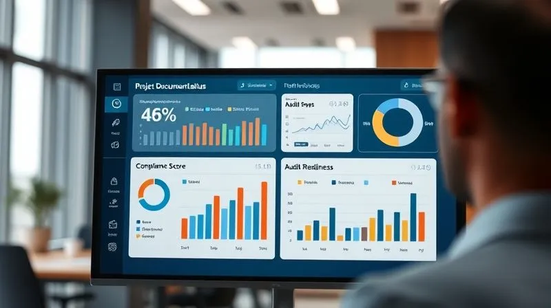 photorealistic, professional photography, 8K, cinematic lighting, sharp focus, depth of field, shot on a high-end DSLR. A well-organized digital dashboard displaying various metrics, including 'R&D Project Documentation Status,' 'Compliance Score,' and 'Audit Readiness.' The screen is clean, professional, and features charts and graphs, with a blurred background of a modern office, symbolizing proactive management.