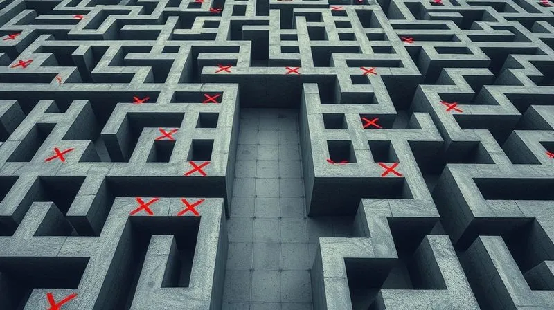 photorealistic, professional photography, 8K, cinematic lighting, sharp focus, depth of field, shot on a high-end DSLR, a maze with several clear dead ends and pitfalls marked with red X's, a single clear path leading to an open exit, viewed from above, conveying the complexity of an audit and the importance of avoiding common mistakes, a subtle sense of guidance towards the correct path.