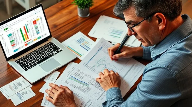 A photorealistic, professional photography, 8K, cinematic lighting image of a person meticulously organizing financial documents and a laptop displaying a complex spreadsheet with colorful charts and graphs. Various financial statements are spread across a polished wooden desk. The person has a focused, determined expression, perhaps with a slight furrowed brow of concentration. Sharp focus on the person and documents, depth of field blurring the background. Shot on a high-end DSLR, conveying deep financial analysis and planning for retirement.
