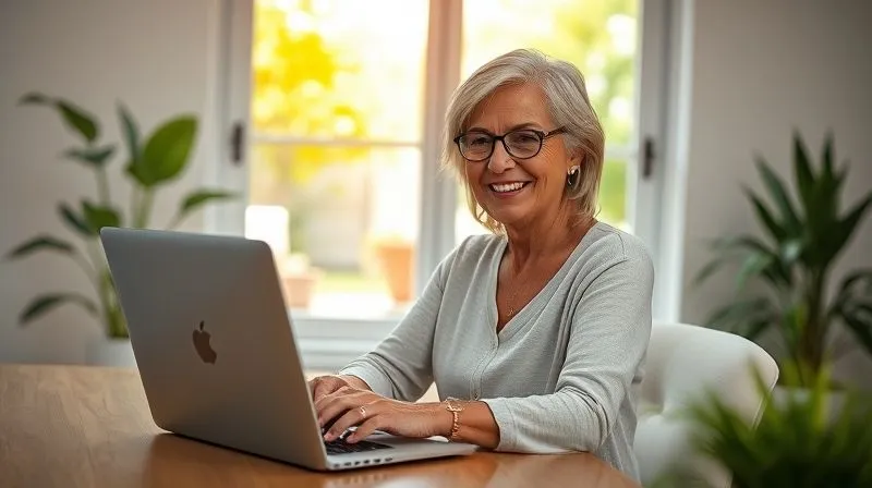 A photorealistic, professional photography, 8K, cinematic lighting image of a woman in her early 50s, smiling confidently while working on a laptop in a bright, modern home office. A large window overlooks a serene, sunlit garden, suggesting a peaceful and fulfilling lifestyle. The scene conveys productive, enjoyable work in a relaxed setting. Sharp focus on the woman and laptop, depth of field blurring the background. Shot on a high-end DSLR, symbolizing a "bridge job" or fulfilling side hustle in early retirement.
