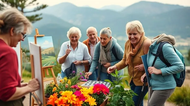 A photorealistic, professional photography, 8K, cinematic lighting image of a diverse group of happy, active seniors engaged in various fulfilling activities. One person is painting a landscape, another is gardening vibrant flowers, two are engrossed in a game of chess, and a couple is hiking on a scenic mountain trail with broad smiles. The scene radiates joy, purpose, and community in retirement. Sharp focus on the individuals, depth of field blurring the background. Shot on a high-end DSLR, conveying a rich and meaningful early retirement lifestyle.