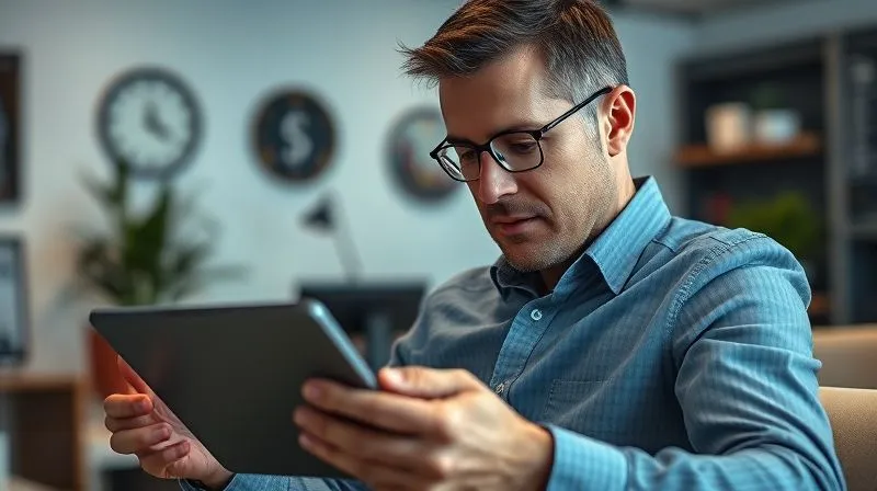 photorealistic, professional photography, 8K, cinematic lighting, sharp focus, depth of field, shot on a high-end DSLR. A thoughtful investor, mid-30s, looking intently at a complex stock chart on a digital tablet, deep in contemplation. The background is a modern, minimalist office with subtle financial motifs. The investor's expression shows a blend of concern and analytical focus, not panic.