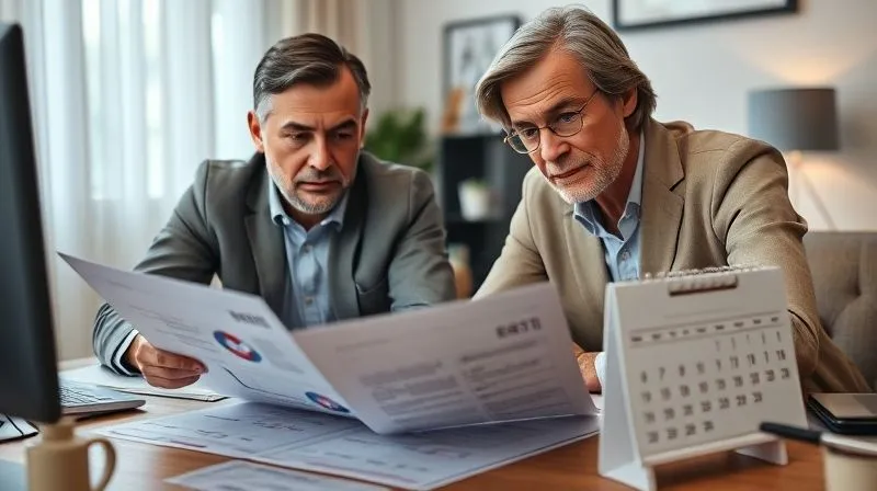 photorealistic, professional photography, 8K, cinematic lighting, sharp focus, depth of field, shot on a high-end DSLR. A concerned family member and a financial advisor reviewing medical reports and a bank statement on a desk, with a calendar marked for urgent appointments. The scene conveys a sense of immediate action and information gathering amidst a crisis. Their expressions are serious but focused.