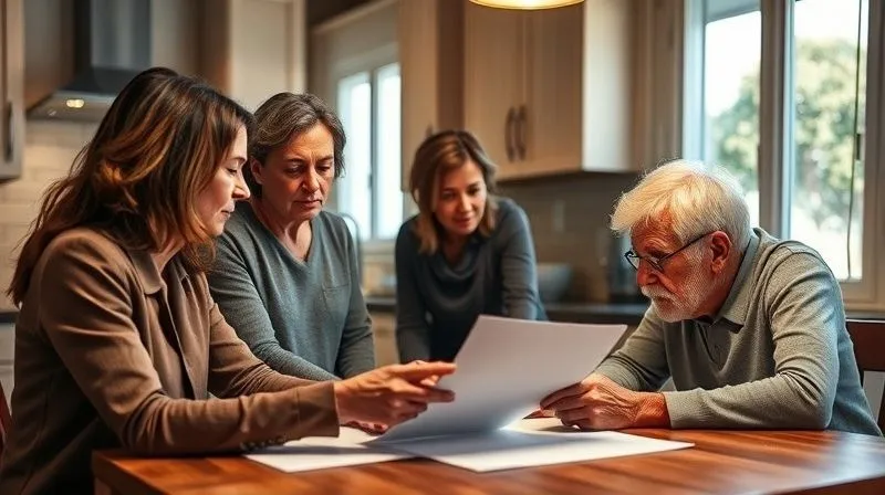 photorealistic, professional photography, 8K, cinematic lighting, sharp focus, depth of field, shot on a high-end DSLR. A diverse group of adult family members (two women, one man) gathered around a kitchen table, looking at documents and discussing seriously but with a sense of unity. One person is gently holding an older hand, conveying support. The lighting is warm and reassuring, symbolizing family strength in a crisis.