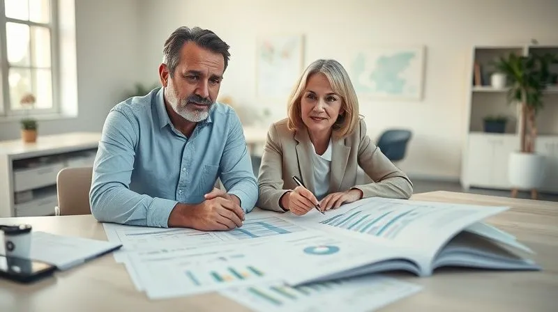 photorealistic, professional photography, 8K, cinematic lighting, sharp focus, depth of field, shot on a high-end DSLR. A financial advisor and a family member, looking calmer and more resolved than before, reviewing a comprehensive long-term financial plan laid out on a table. Charts and documents are visible. The background is a bright, organized office, conveying a sense of control and future planning. The mood is hopeful and proactive.