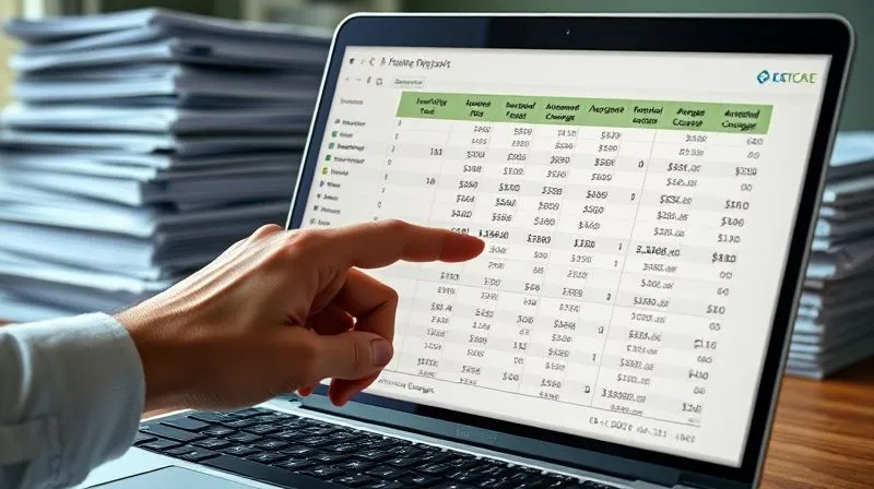 A photorealistic, detailed financial spreadsheet open on a laptop screen, showing columns for annuity fees, surrender charges, and projected account values over 10 years. A hand points to a particularly high fee entry. Cinematic lighting, sharp focus on the screen, depth of field blurring a background of stacked financial reports. 8K hyper-detailed.