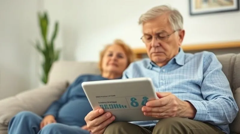 A photorealistic image of a concerned senior couple sitting on a couch, looking at a tablet displaying statistics about the likelihood of needing long-term care. A gentle ray of light illuminates their faces, suggesting clarity and understanding. The setting is a comfortable, modern living room. 8K, professional photography, cinematic lighting, sharp focus, depth of field.