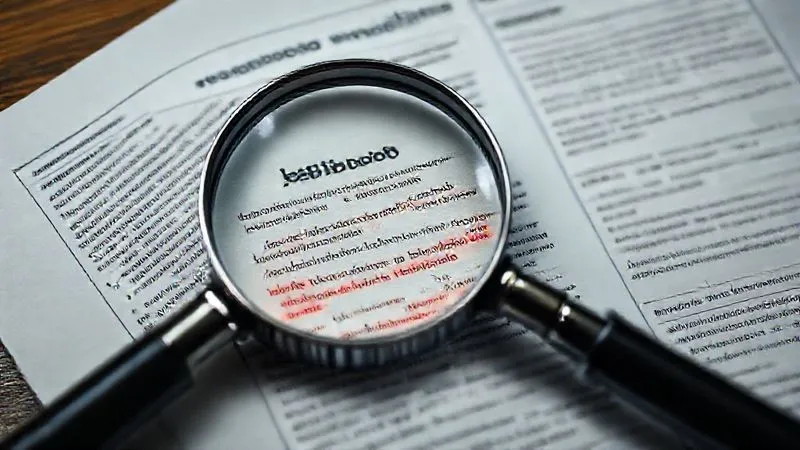 A close-up, photorealistic image of a magnifying glass over complex insurance policy documents, with certain clauses highlighted in red, conveying confusion and scrutiny. Cinematic lighting, sharp focus, 8K.