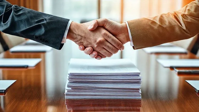 A photorealistic, professional image of two hands shaking firmly over a stack of neatly organized documents on a polished conference table, representing a successful resolution or agreement. Cinematic lighting, 8K, sharp focus.
