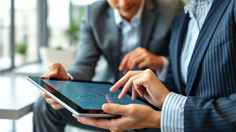 A photorealistic image of a financial planner and a client reviewing a digital timeline on a tablet, with the client's hand gently touching a point on the timeline, indicating a thoughtful adjustment to their retirement age. The background is a modern, bright office with natural light, sharp focus on the tablet and hands, depth of field blurring the office, 8K hyper-detailed, professional photography.