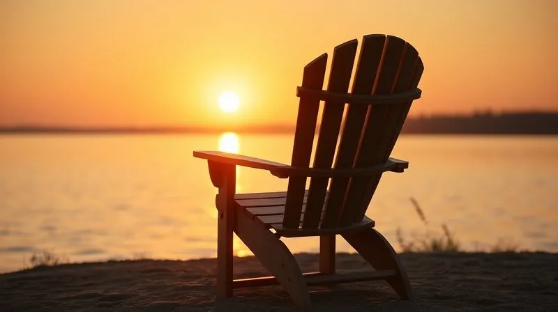 A photorealistic image of a serene sunrise over a calm lake, with a single, comfortable Adirondack chair facing the horizon. The light is soft and golden, symbolizing hope and a peaceful future. The scene evokes a sense of accomplishment and tranquility after overcoming challenges. Cinematic lighting, sharp focus on the chair and lake, depth of field blurring the distant trees, 8K hyper-detailed, professional photography.