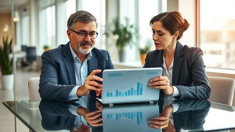 A photorealistic professional photography of a financial advisor and their client seated at a modern glass table in a well-lit office. The advisor, mid-50s, with a calm and reassuring expression, gestures subtly towards a tablet displaying a financial chart. The client, late-40s, listens intently, a thoughtful but slightly concerned look on their face. The scene exudes professionalism and empathy, with soft, cinematic lighting, sharp focus on their interaction, and a shallow depth of field blurring the background. Shot on a high-end DSLR, 8K hyper-detailed.