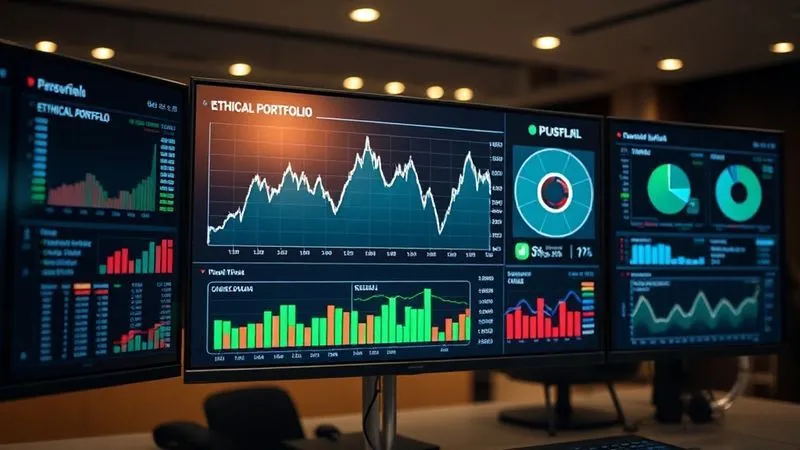A photorealistic, professional photography of a complex financial dashboard displayed on multiple high-resolution monitors. The central screen shows a detailed performance comparison chart, with one line representing an ethical portfolio and another a traditional benchmark. The charts are overlaid with various data points and analytical tools. The lighting is cinematic, highlighting the intricate details of the data. Sharp focus on the screen, depth of field blurring the sophisticated office background. Shot on a high-end DSLR, 8K hyper-detailed.