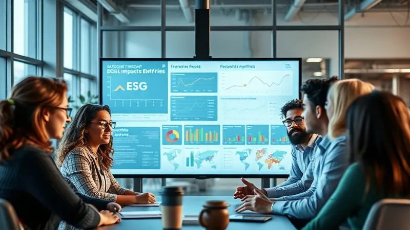 A photorealistic, professional photography of a diverse group of professionals in a modern, collaborative office space, gathered around a large interactive screen displaying complex ESG data visualizations and impact reports. The atmosphere is engaged and analytical, with focus on sustainable metrics. Cinematic lighting, sharp focus on the screen and faces, depth of field. Shot on a high-end DSLR, 8K hyper-detailed.