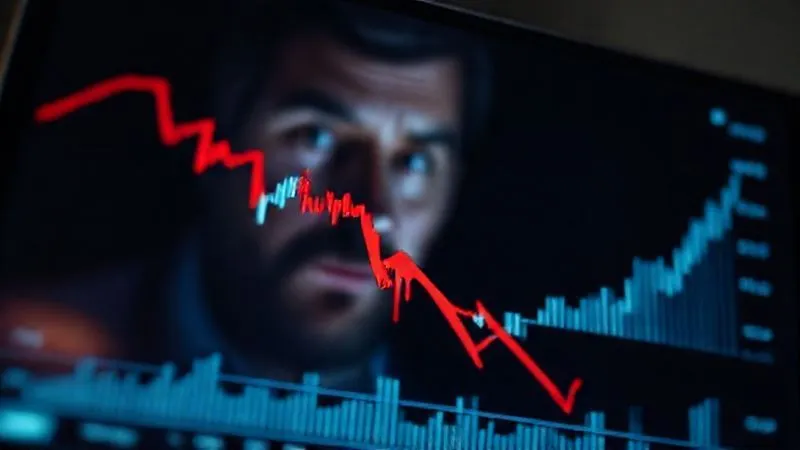 photorealistic, professional photography, 8K, cinematic lighting, sharp focus, depth of field, shot on a high-end DSLR. A somber, close-up shot of a stock chart on a digital screen, showing a sharp, unexpected downward trend after a period of stability, with a red arrow pointing drastically downwards. The screen reflects a worried investor's face, blurred in the background, conveying the emotional impact of financial loss. The lighting is dim, highlighting the screen's glow.