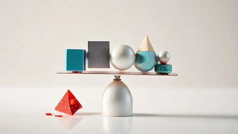 photorealistic, professional photography, 8K, cinematic lighting, sharp focus, depth of field, shot on a high-end DSLR. An abstract, artistic representation of a balanced financial portfolio. Various geometric shapes (cubes, spheres, pyramids) of different colors and sizes are perfectly balanced on a delicate scale, representing diverse asset classes and industries. One small, red, jagged piece lies broken beside the scale, symbolizing a divident cut, but the overall balance remains stable. The lighting is soft and analytical, emphasizing precision and stability.