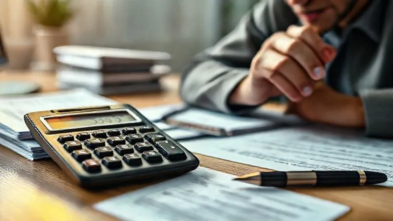 photorealistic, professional photography, 8K, cinematic lighting, sharp focus, depth of field, shot on a high-end DSLR. A close-up shot of a financial calculator on a desk, displaying numbers related to capital gains and losses. Beside it, a stack of tax documents and a pen, with a focused but slightly concerned expression of a person's hand making calculations. The background is a softly blurred home office setting, conveying personal financial management and planning.