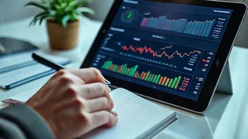 photorealistic, professional photography, 8K, cinematic lighting, sharp focus, depth of field, shot on a high-end DSLR. A detailed, close-up shot of a financial dashboard on a tablet screen, displaying various performance metrics like payout ratios, debt-to-equity, and revenue growth with green and red indicators. A hand with a pen is poised to make a note in a physical notebook beside the tablet, indicating active monitoring and analysis. The setting is a clean, organized desk, emphasizing systematic financial management.