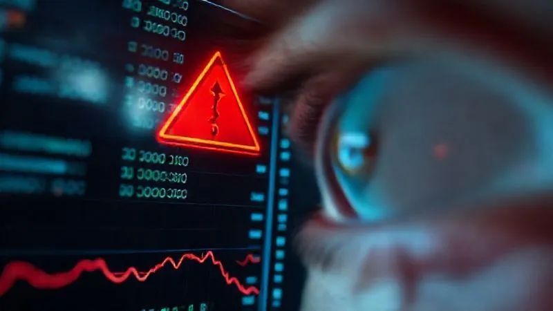 photorealistic, professional photography, 8K, cinematic lighting, sharp focus, depth of field, shot on a high-end DSLR. A digital dashboard displaying real-time blockchain transaction data with a prominent, flashing red alert sign, indicating suspicious activity. The screen is seen through the reflection in a concerned but focused cybersecurity analyst's eye, emphasizing urgency and the human element in detection.
