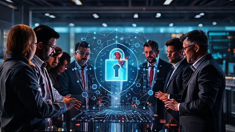 photorealistic, professional photography, 8K, cinematic lighting, sharp focus, depth of field, shot on a high-end DSLR. A diverse team of cybersecurity experts and financial professionals collaborating intensely around a holographic display showing a secure blockchain network. The atmosphere is one of focused determination and shared responsibility, illuminated by the glow of data, symbolizing a strong, united security culture.