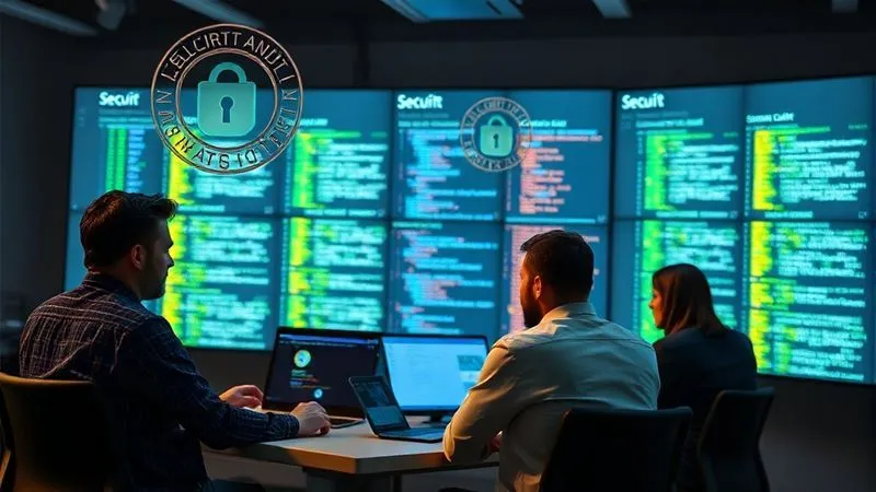A photorealistic, professional photography, 8K, cinematic lighting, sharp focus, depth of field, shot on a high-end DSLR, depicting a diverse team of developers and security experts collaborating intensely around multiple large screens displaying complex smart contract code and security audit reports, with abstract security icons floating, conveying a meticulous and comprehensive security audit process.
