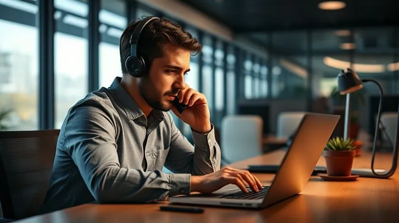 photorealistic, professional photography, 8K, cinematic lighting, sharp focus, depth of field, shot on a high-end DSLR, a person at a desk making an urgent phone call while simultaneously typing on a laptop, with a sense of focused determination, in a modern office, signifying rapid problem resolution.