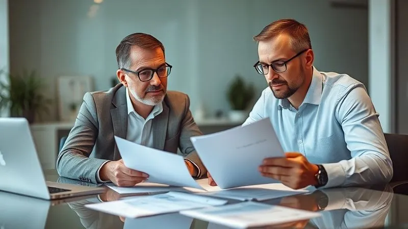 A photorealistic image of two professionals, one a business owner and the other an insurance adjuster, sitting at a table with documents spread out. They are engaged in a serious but professional discussion, with a focus on a specific document. The setting is a modern, clean office. Professional photography, 8K, cinematic lighting, sharp focus on their faces and the documents, depth of field blurring the background, shot on a high-end DSLR.