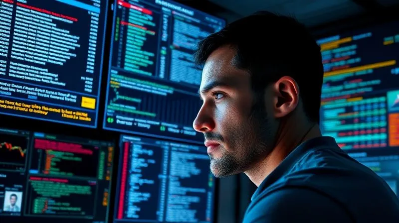 photorealistic, professional photography, 8K, cinematic lighting, sharp focus, depth of field, shot on a high-end DSLR. A person intently staring at multiple holographic screens displaying complex blockchain transaction data, event logs, and smart contract code, with lines connecting them, symbolizing root cause analysis. The environment is a high-tech control room.